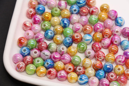 8mm Multicolor Marble AB Acrylic Beads, Round Gumball Beads for Bracelets, Rainbow Swirl Plastic Beads, DIY Jewelry Supplies #4003