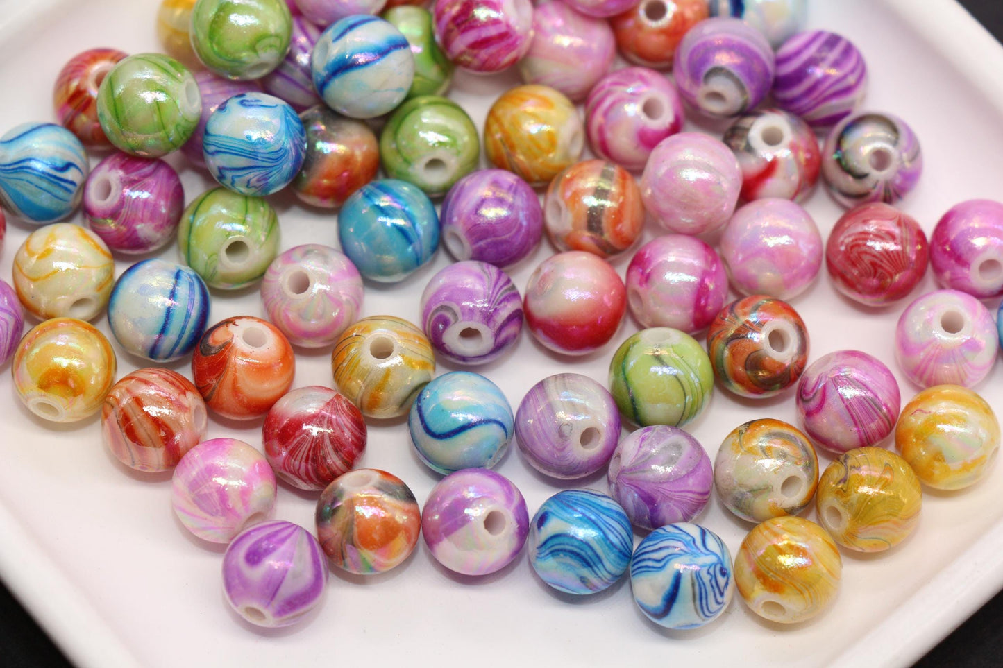 10mm Multicolor Marble AB Acrylic Beads, Round Gumball Beads for Bracelets, Rainbow Swirl Plastic Beads, DIY Jewelry Supplies #4004