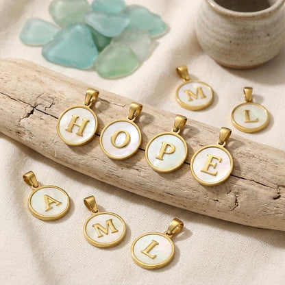 18K Gold Plated Letter Pendant Charm, White Shell Initial Charm, Stainless Steel Alphabet Pendant, DIY Necklace Jewelry Supply