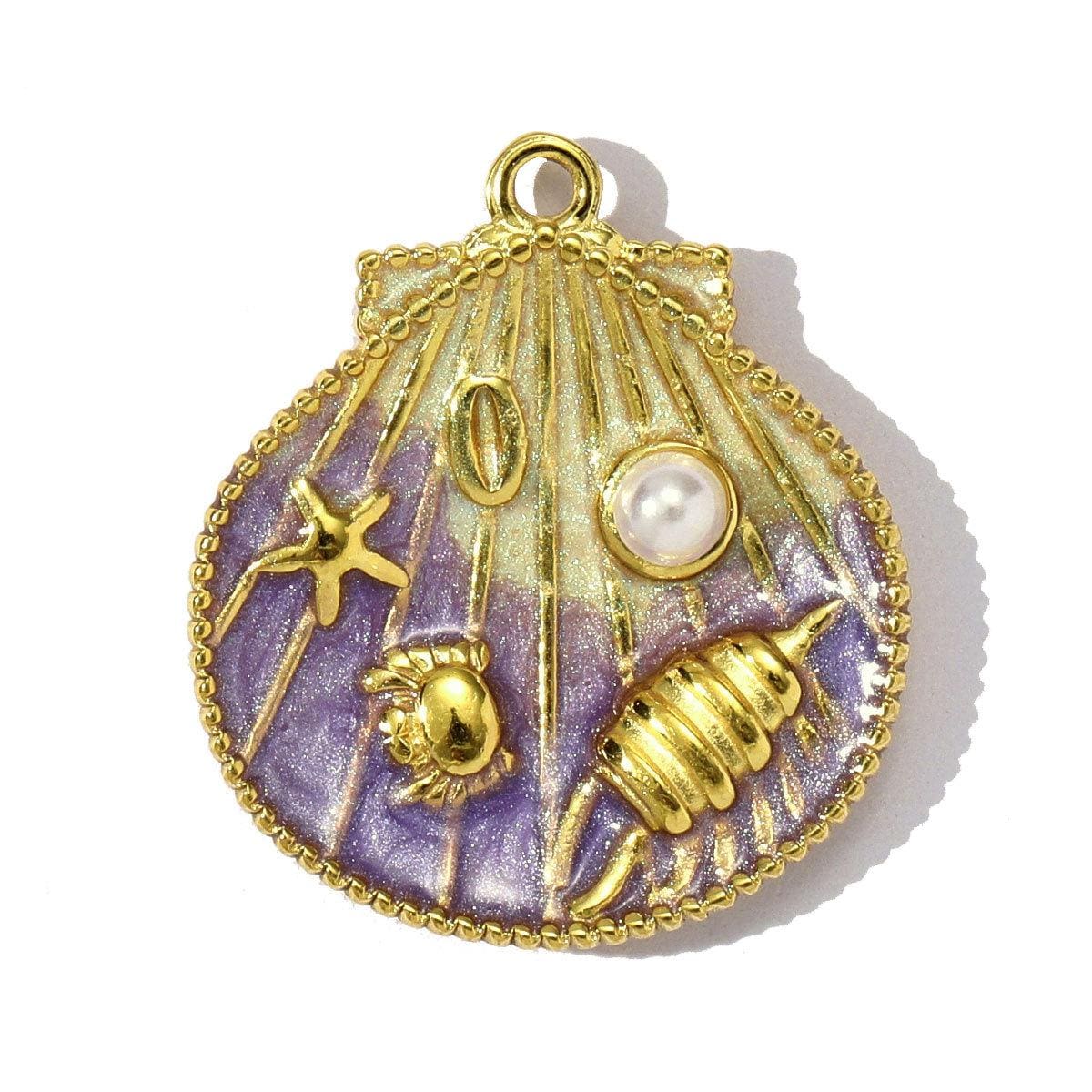 14K Gold Plated Seashell Pendant Charm, Beach Shell Charm with Pearl, Stainless Steel Ocean Charm, DIY Jewelry Supply