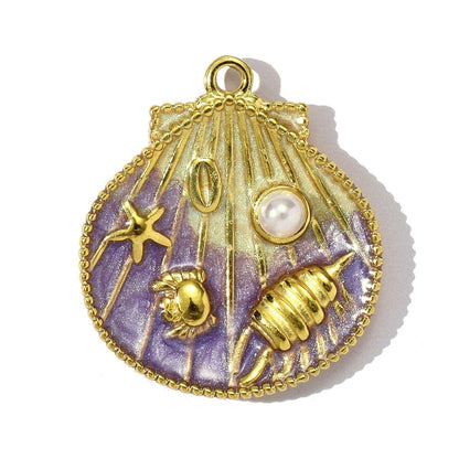 14K Gold Plated Seashell Pendant Charm, Beach Shell Charm with Pearl, Stainless Steel Ocean Charm, DIY Jewelry Supply