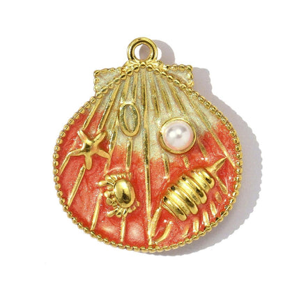 14K Gold Plated Seashell Pendant Charm, Beach Shell Charm with Pearl, Stainless Steel Ocean Charm, DIY Jewelry Supply