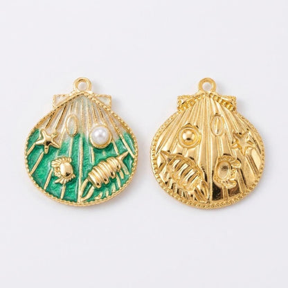 14K Gold Plated Seashell Pendant Charm, Beach Shell Charm with Pearl, Stainless Steel Ocean Charm, DIY Jewelry Supply