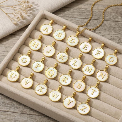 18K Gold Plated Letter Pendant Charm, White Shell Initial Charm, Stainless Steel Alphabet Pendant, DIY Necklace Jewelry Supply