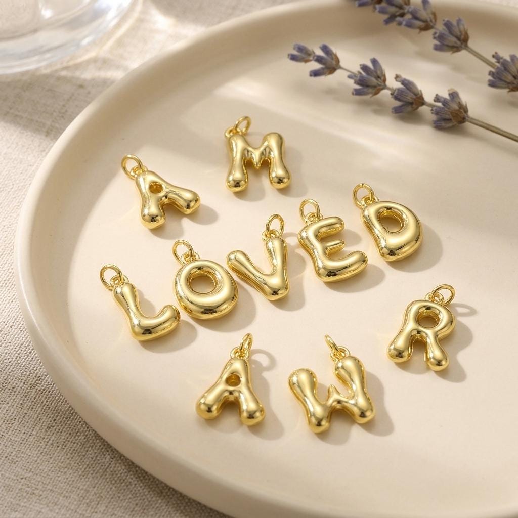 Gold Plated Bubble Letter Pendant Charm, Copper Initial Charm, Puffy Alphabet Necklace Charm, DIY Jewelry Supply,