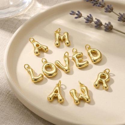 Gold Plated Bubble Letter Pendant Charm, Copper Initial Charm, Puffy Alphabet Necklace Charm, DIY Jewelry Supply,