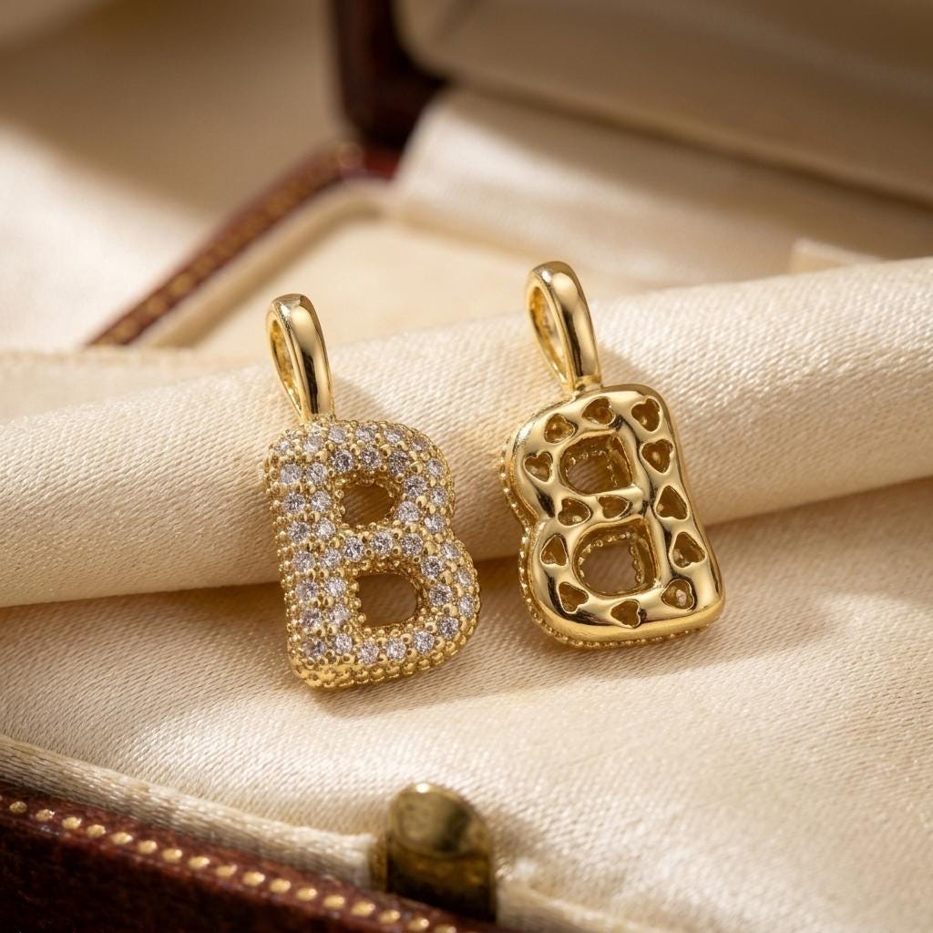 18k Gold Plated Initial Pendant Charm, Puffy Bubble Letter Charm, Copper Alphabet Necklace Pendant, Sparkly Letter Jewelry Supply