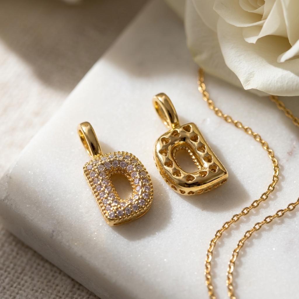 18k Gold Plated Initial Pendant Charm, Puffy Bubble Letter Charm, Copper Alphabet Necklace Pendant, Sparkly Letter Jewelry Supply