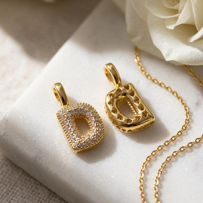 18k Gold Plated Initial Pendant Charm, Puffy Bubble Letter Charm, Copper Alphabet Necklace Pendant, Sparkly Letter Jewelry Supply
