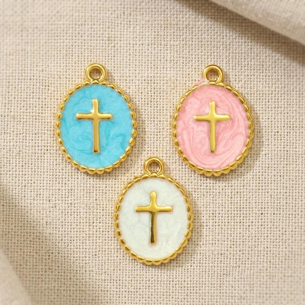 Gold Enamel Cross Charm, Stainless Steel Faith Pendant, Religious Necklace Charm, DIY Jewelry Supply