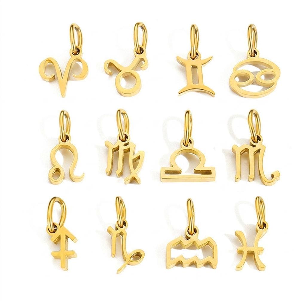 18K gold plated zodiac charms made with stainless steel, astrology birth sign pendants for necklaces and DIY jewelry making.