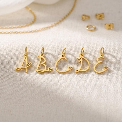 Gold Script Initial Charm, Stainless Steel Letter Pendant with Heart, Alphabet Necklace Charm, DIY Jewelry Supply