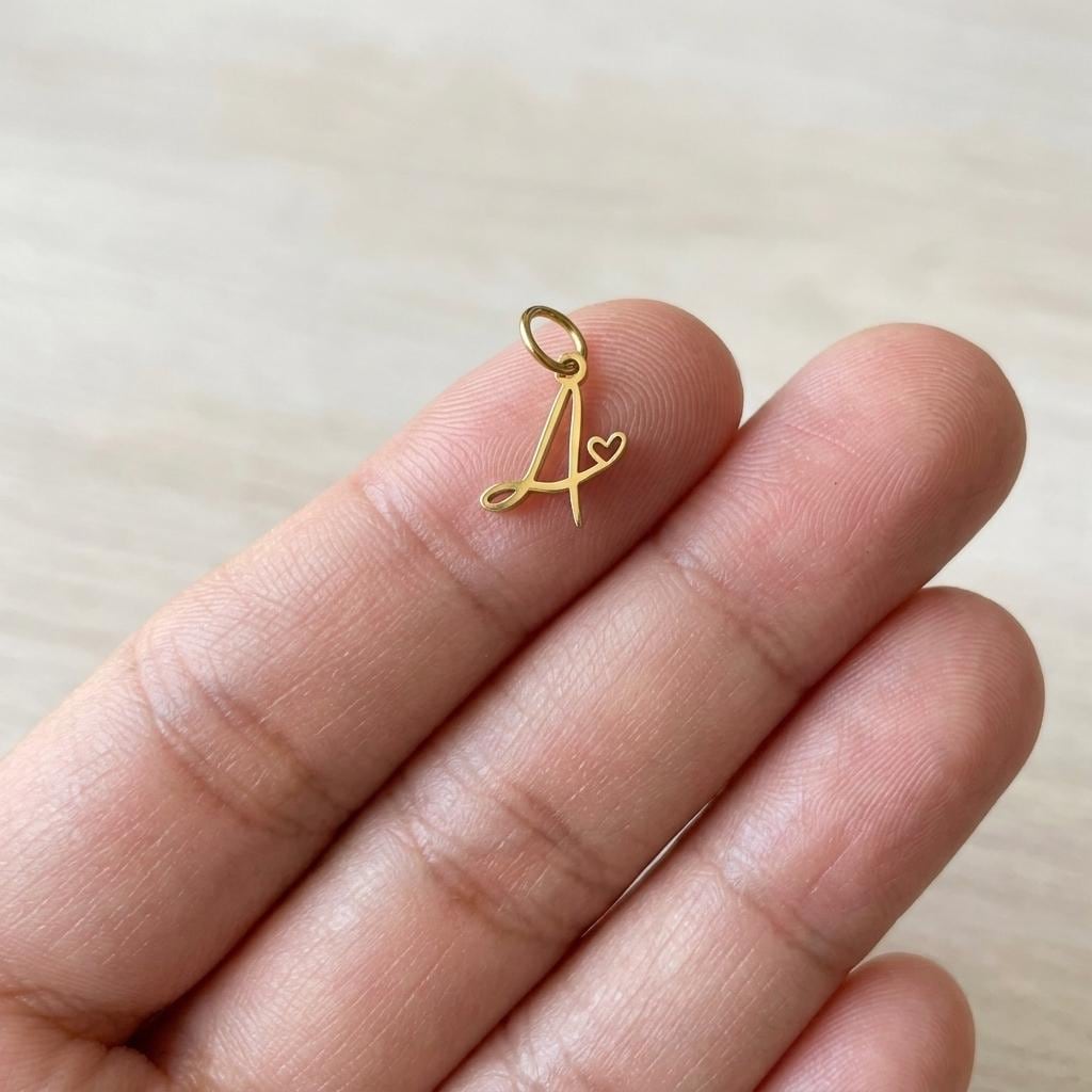 Gold Script Initial Charm, Stainless Steel Letter Pendant with Heart, Alphabet Necklace Charm, DIY Jewelry Supply