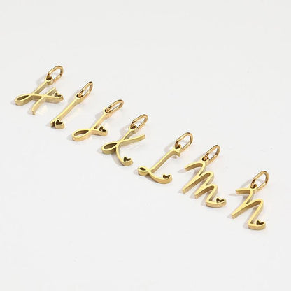 Gold Script Initial Charm, Stainless Steel Letter Pendant with Heart, Alphabet Necklace Charm, DIY Jewelry Supply