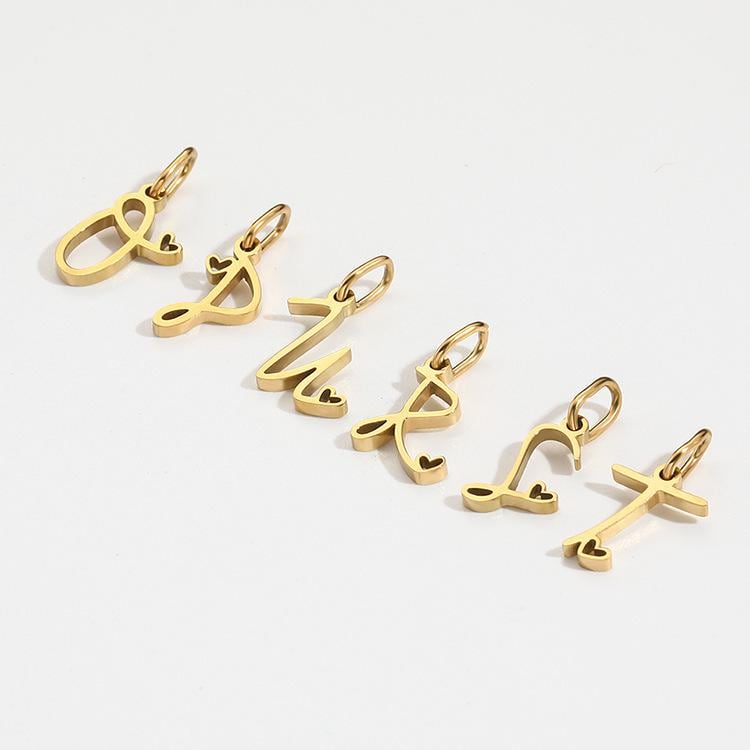 Gold Script Initial Charm, Stainless Steel Letter Pendant with Heart, Alphabet Necklace Charm, DIY Jewelry Supply