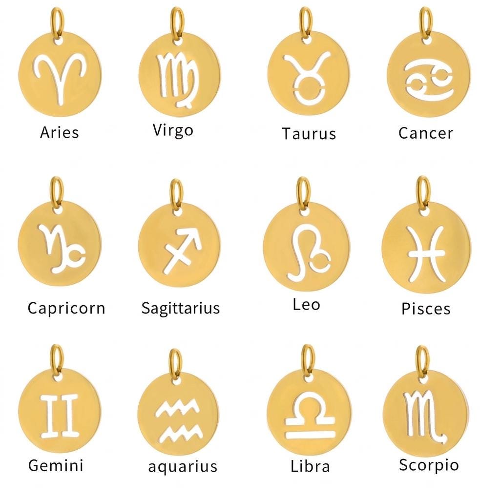 Gold Zodiac Charm, Stainless Steel Astrology Pendant, Horoscope Sign Necklace Charm, Celestial DIY Jewelry Supply