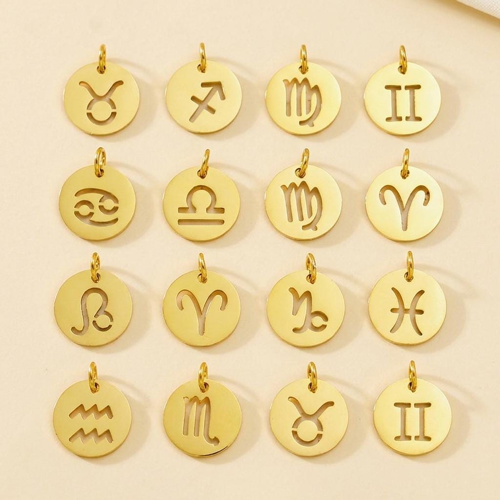 Gold Zodiac Charm, Stainless Steel Astrology Pendant, Horoscope Sign Necklace Charm, Celestial DIY Jewelry Supply