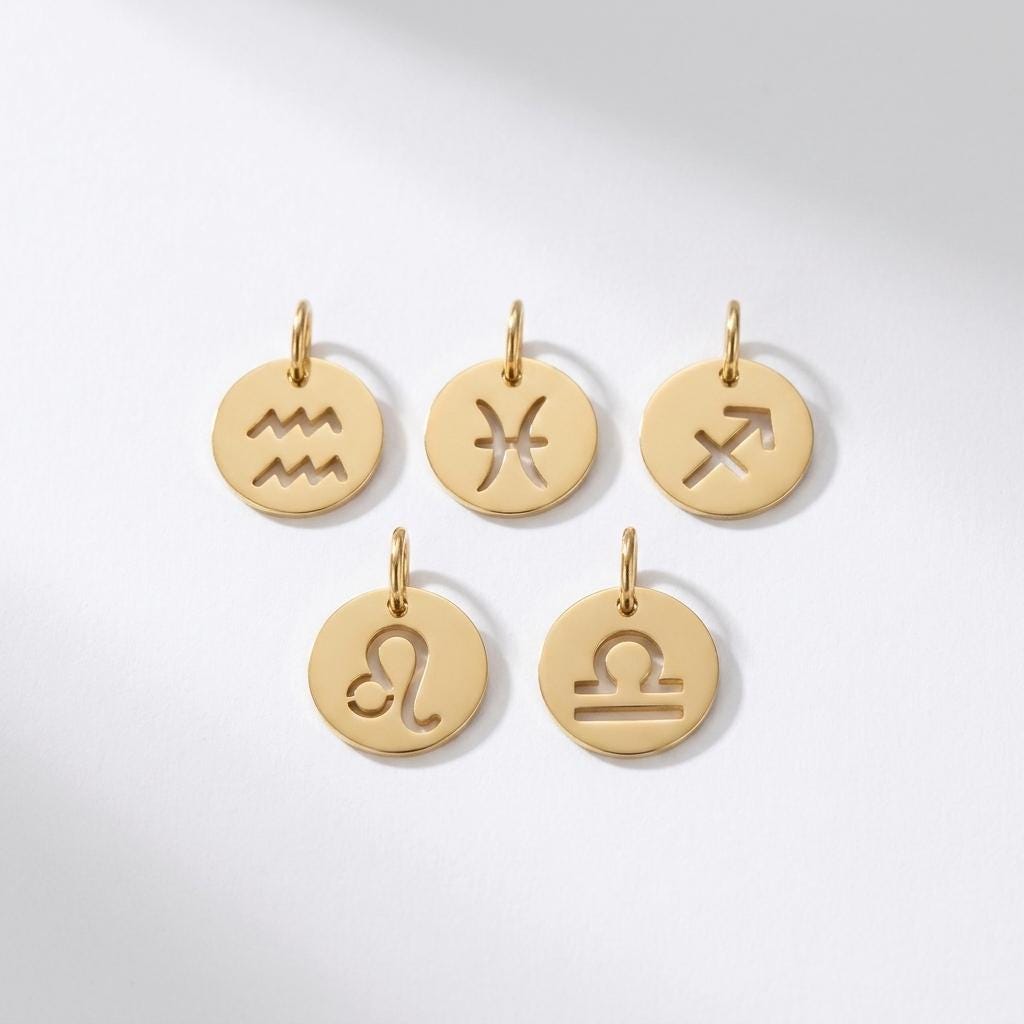 Gold Zodiac Charm, Stainless Steel Astrology Pendant, Horoscope Sign Necklace Charm, Celestial DIY Jewelry Supply