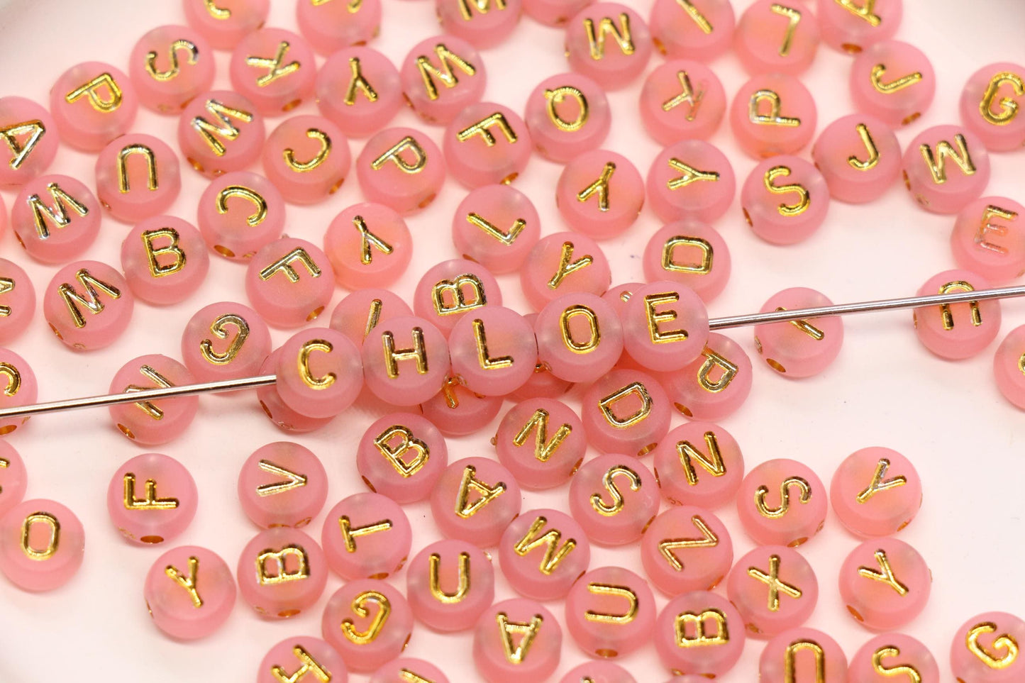 7mm Pink Frosted Gold Letter Beads, Mixed Alphabet Beads, Acrylic Initial Beads, DIY Bracelet Jewelry Making #4016