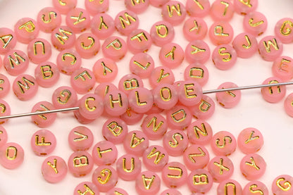 7mm Pink Frosted Gold Letter Beads, Mixed Alphabet Beads, Acrylic Initial Beads, DIY Bracelet Jewelry Making #4016