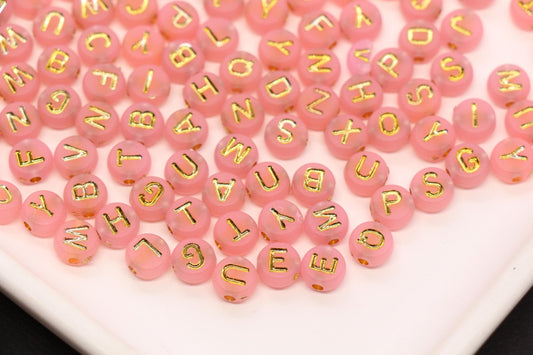 7mm Pink Frosted Gold Letter Beads, Mixed Alphabet Beads, Acrylic Initial Beads, DIY Bracelet Jewelry Making #4016