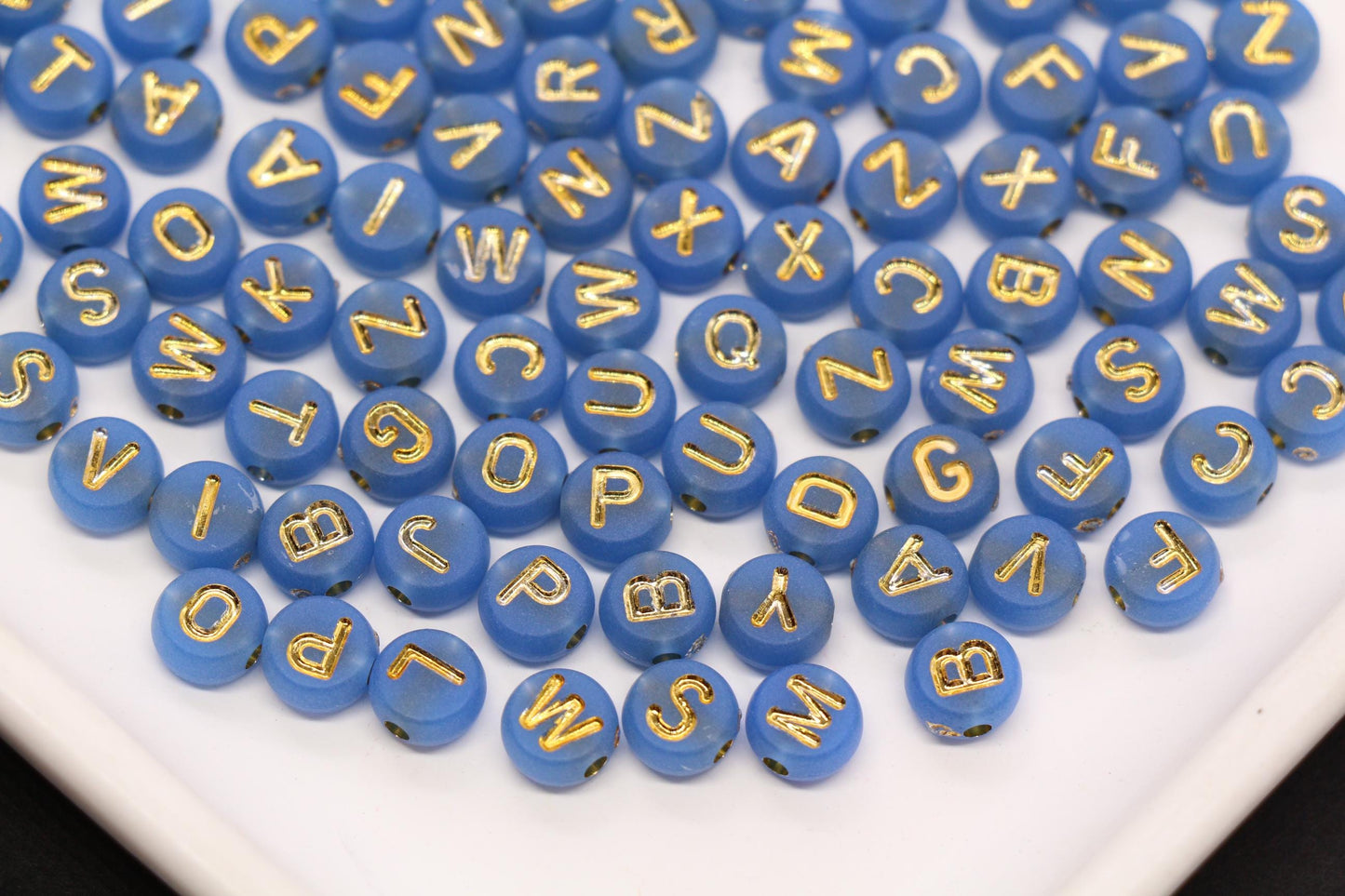 7mm Dusty Blue Frosted Gold Letter Beads, Mixed Alphabet Beads, Acrylic Initial Beads, DIY Bracelet Jewelry Making #4019