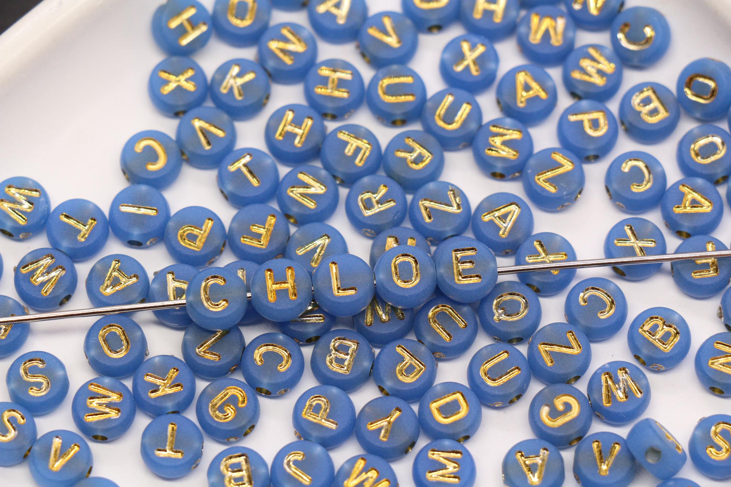 7mm Dusty Blue Frosted Gold Letter Beads, Mixed Alphabet Beads, Acrylic Initial Beads, DIY Bracelet Jewelry Making #4019
