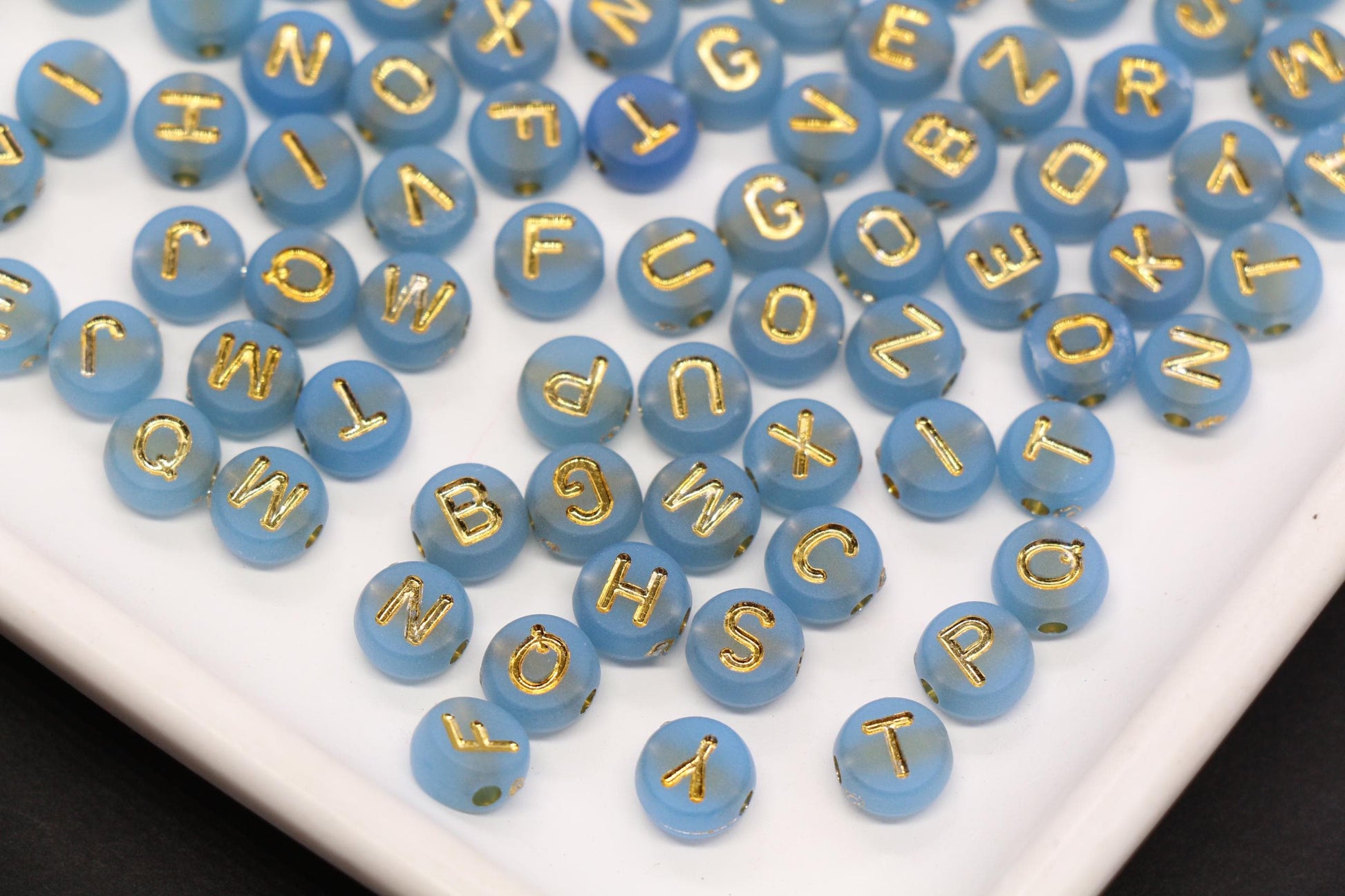 7mm Blue Frosted Gold Letter Beads, Mixed Alphabet Beads, Acrylic Initial Beads, DIY Bracelet Jewelry Making #4021