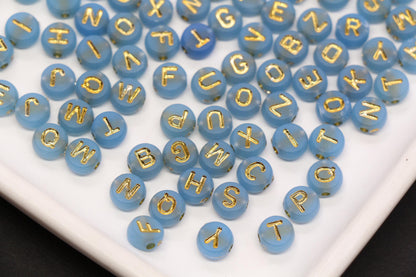 7mm Blue Frosted Gold Letter Beads, Mixed Alphabet Beads, Acrylic Initial Beads, DIY Bracelet Jewelry Making #4021