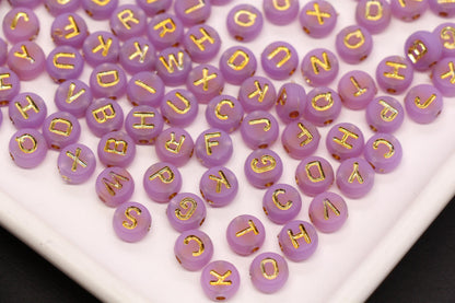 7mm Lavender Frosted Gold Letter Beads, Mixed Alphabet Beads, Acrylic Initial Beads, DIY Bracelet Jewelry Making #4022