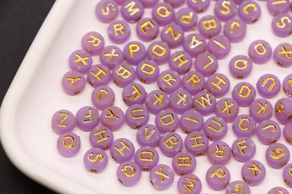 7mm Lavender Frosted Gold Letter Beads, Mixed Alphabet Beads, Acrylic Initial Beads, DIY Bracelet Jewelry Making #4022