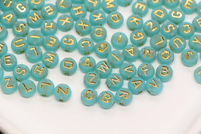7mm Turquoise Frosted Gold Letter Beads, Mixed Alphabet Beads, Acrylic Initial Beads, DIY Bracelet Jewelry Making #4023