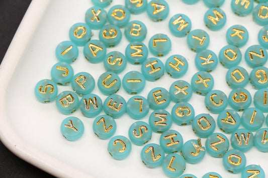 7mm Turquoise Frosted Gold Letter Beads, Mixed Alphabet Beads, Acrylic Initial Beads, DIY Bracelet Jewelry Making #4023