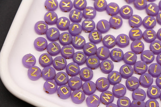 7mm Purple Frosted Gold Letter Beads, Mixed Alphabet Beads, Acrylic Initial Beads, DIY Bracelet Jewelry Making #4024