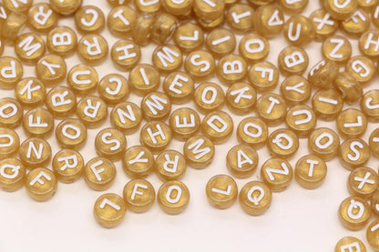 7mm Metallic Gold White Letter Beads, Acrylic Alphabet Beads, Jewelry Making Supplies #72