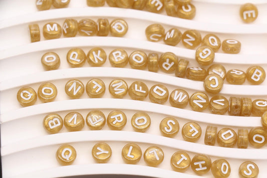 7mm Metallic Gold White Letter Beads, Acrylic Alphabet Beads, Jewelry Making Supplies #72