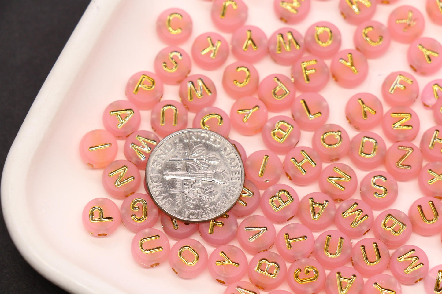 7mm Pink Frosted Gold Letter Beads, Mixed Alphabet Beads, Acrylic Initial Beads, DIY Bracelet Jewelry Making #4016