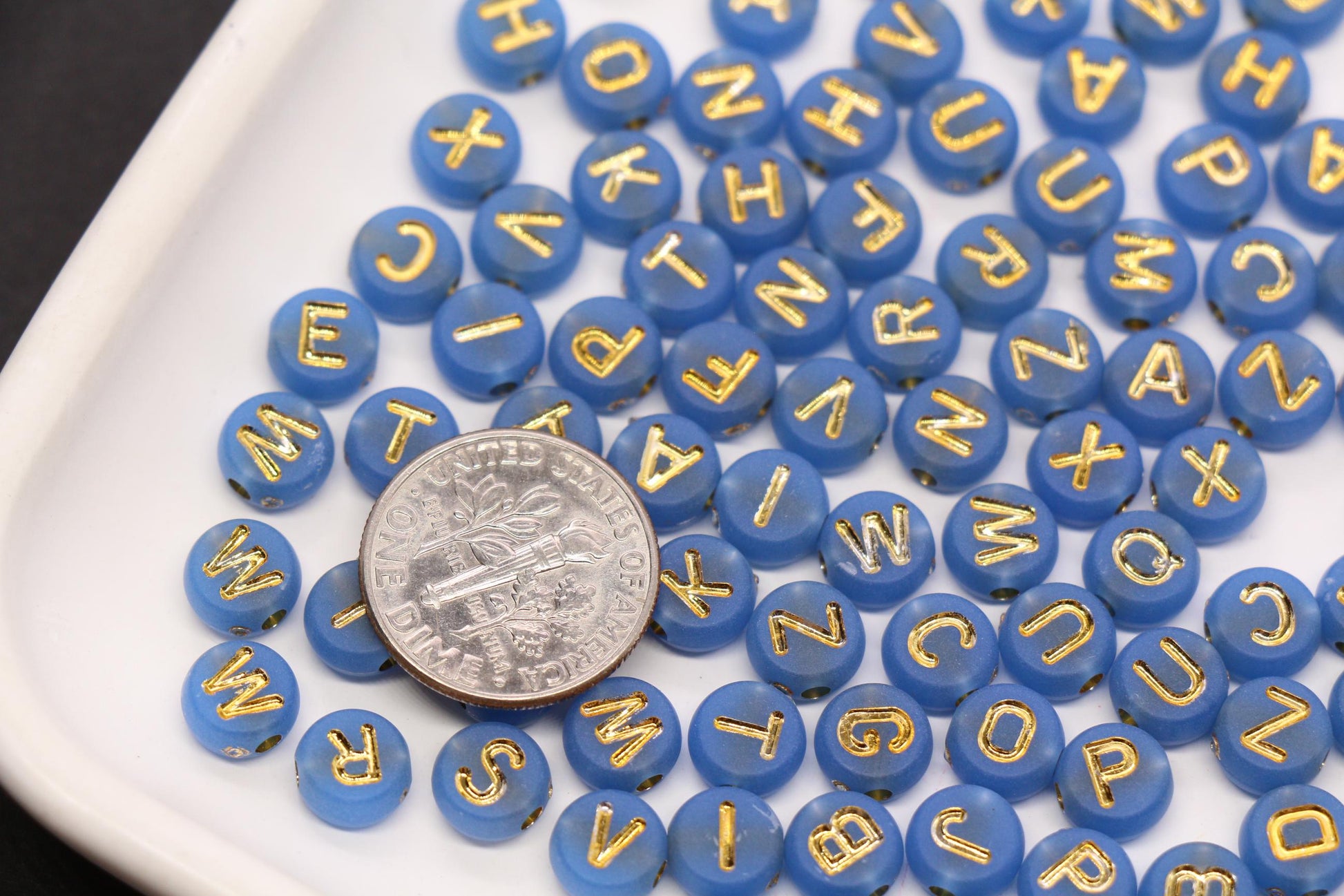 7mm Dusty Blue Frosted Gold Letter Beads, Mixed Alphabet Beads, Acrylic Initial Beads, DIY Bracelet Jewelry Making #4019