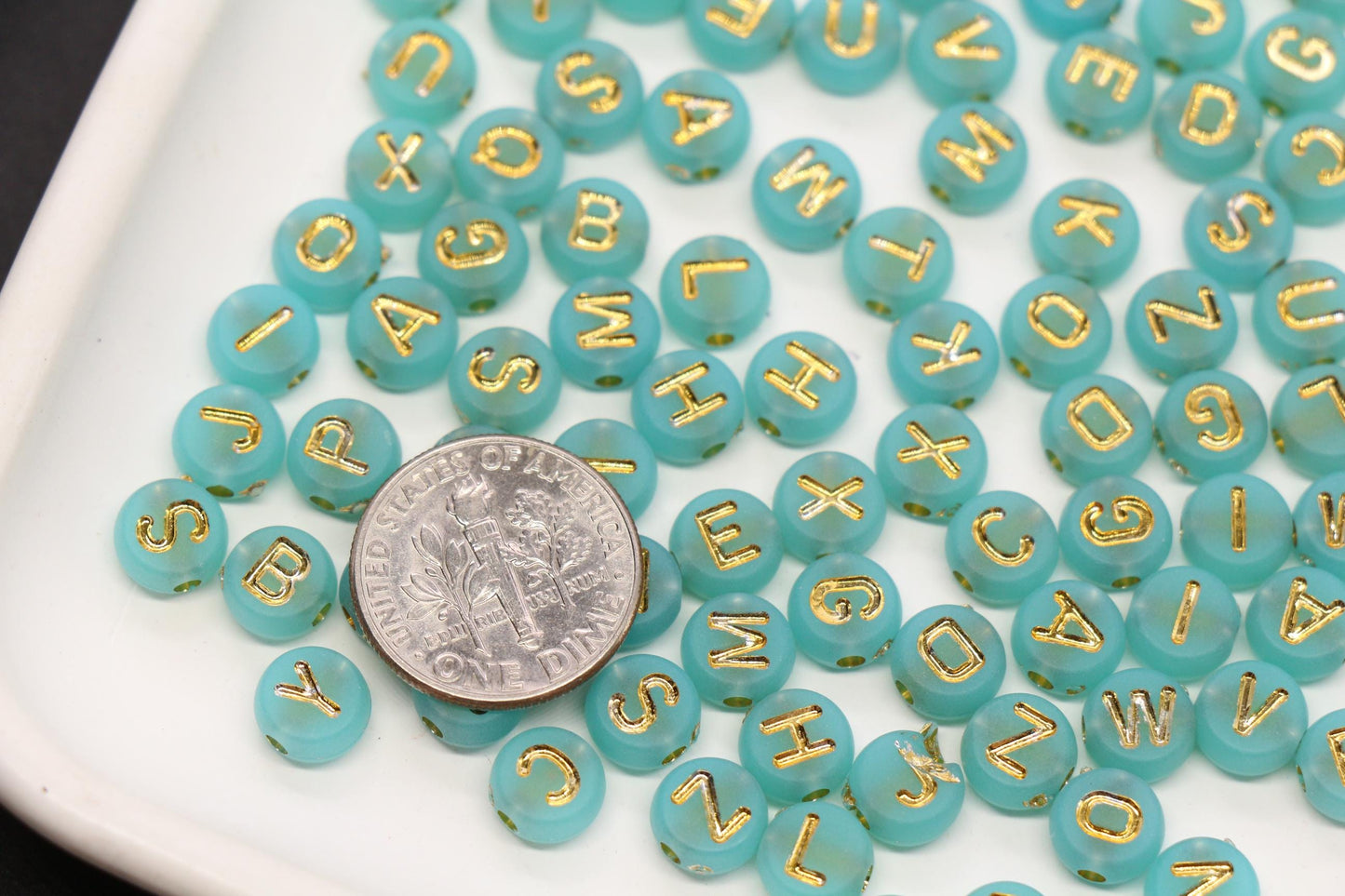 7mm Turquoise Frosted Gold Letter Beads, Mixed Alphabet Beads, Acrylic Initial Beads, DIY Bracelet Jewelry Making #4023