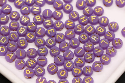 7mm Purple Frosted Gold Letter Beads, Mixed Alphabet Beads, Acrylic Initial Beads, DIY Bracelet Jewelry Making #4024