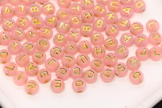 7mm Light Pink Frosted Gold Letter Beads, Mixed Alphabet Beads, Acrylic Initial Beads, DIY Bracelet Jewelry Making #4025