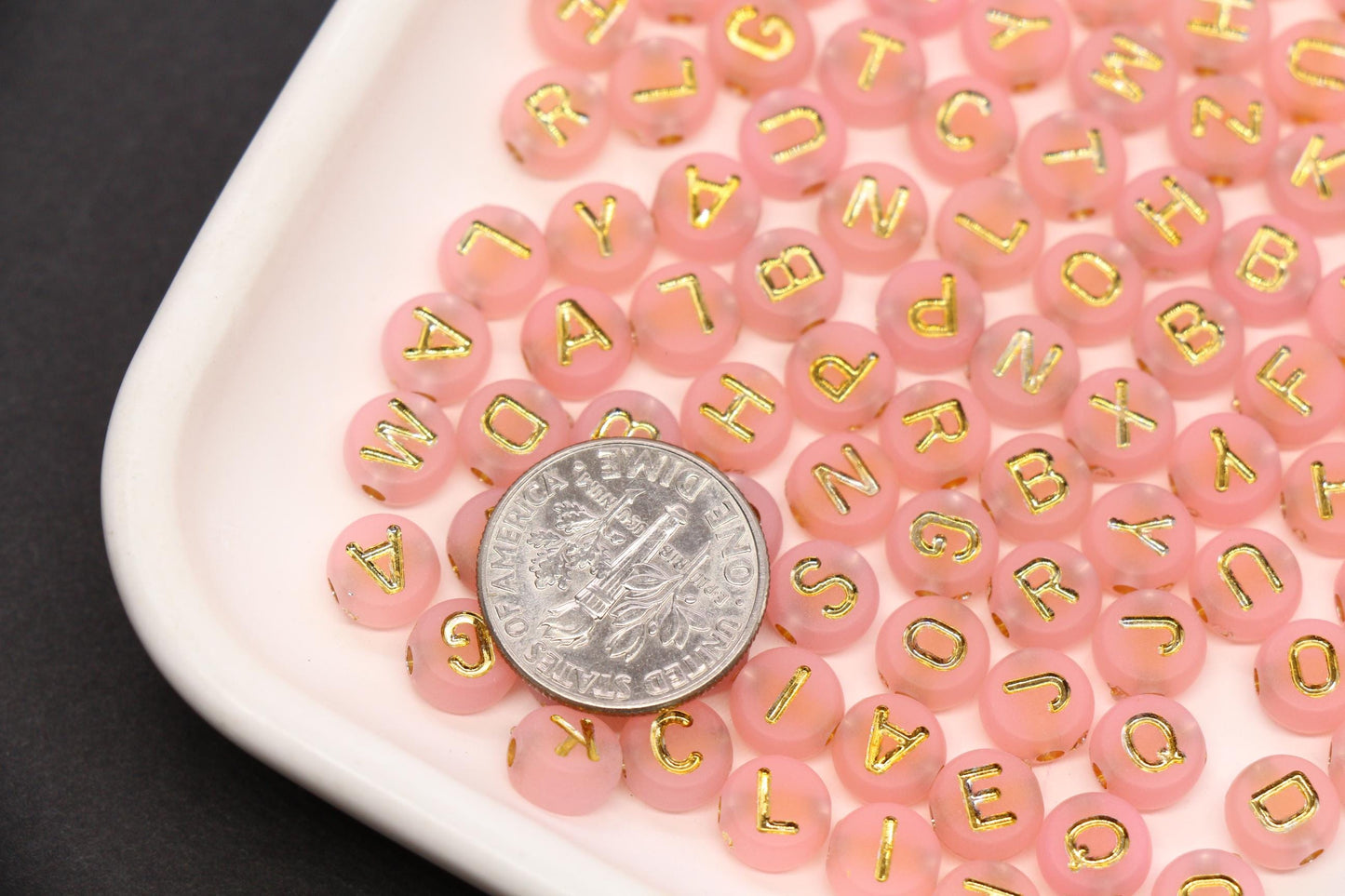 7mm Light Pink Frosted Gold Letter Beads, Mixed Alphabet Beads, Acrylic Initial Beads, DIY Bracelet Jewelry Making #4025