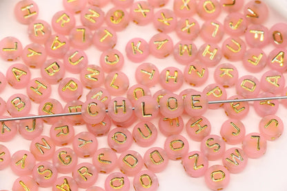 7mm Light Pink Frosted Gold Letter Beads, Mixed Alphabet Beads, Acrylic Initial Beads, DIY Bracelet Jewelry Making #4025