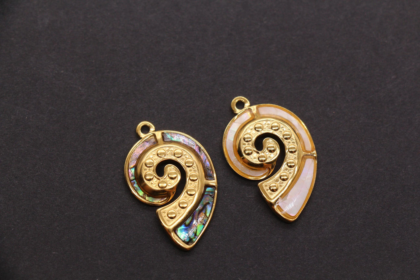 Seashell Charm, Stainless Steel Spiral Shell Pendant with Shell Inlay, Ocean Jewelry Supply