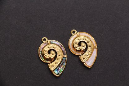 Seashell Charm, Stainless Steel Spiral Shell Pendant with Shell Inlay, Ocean Jewelry Supply