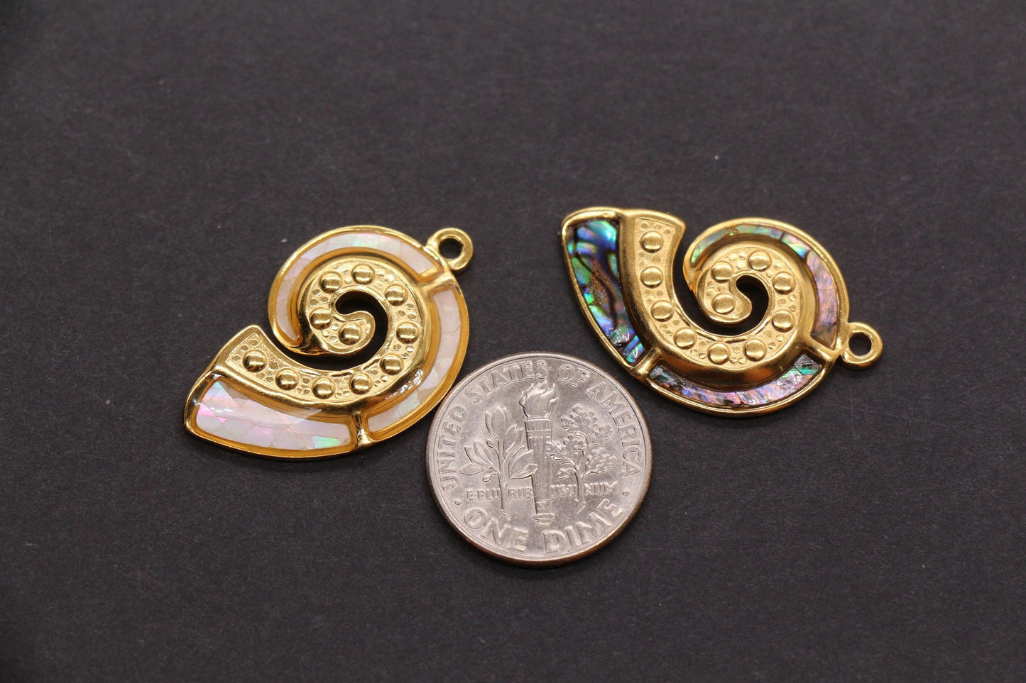 Seashell Charm, Stainless Steel Spiral Shell Pendant with Shell Inlay, Ocean Jewelry Supply