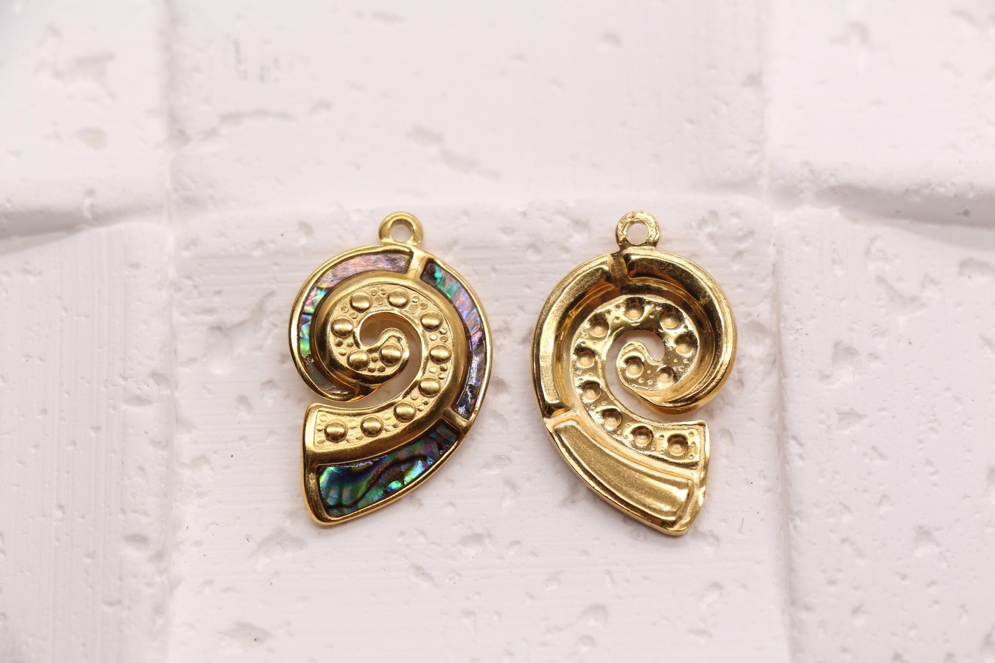 Seashell Charm, Stainless Steel Spiral Shell Pendant with Shell Inlay, Ocean Jewelry Supply