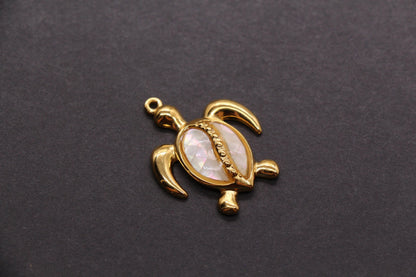 Sea Turtle Charm, Stainless Steel Shell Inlay Turtle Pendant, Ocean Jewelry Making Supply