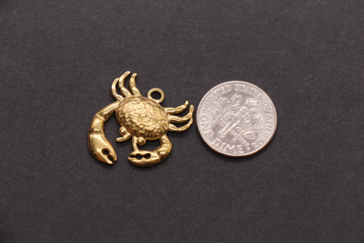 Gold Crab Charm, Stainless Steel Ocean Animal Pendant, Beach Jewelry Making Supply