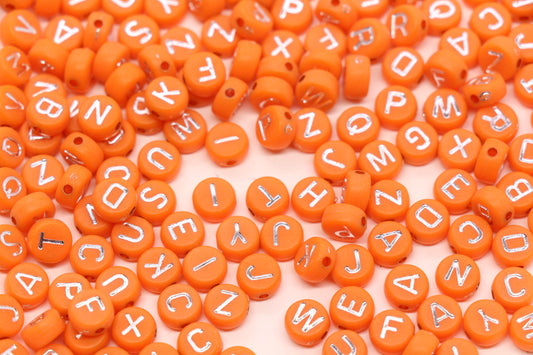 7mm Orange Silver Letter Beads, Mixed Alphabet Acrylic Beads, Round Letter Beads for Name Bracelets, DIY Jewelry Making #350